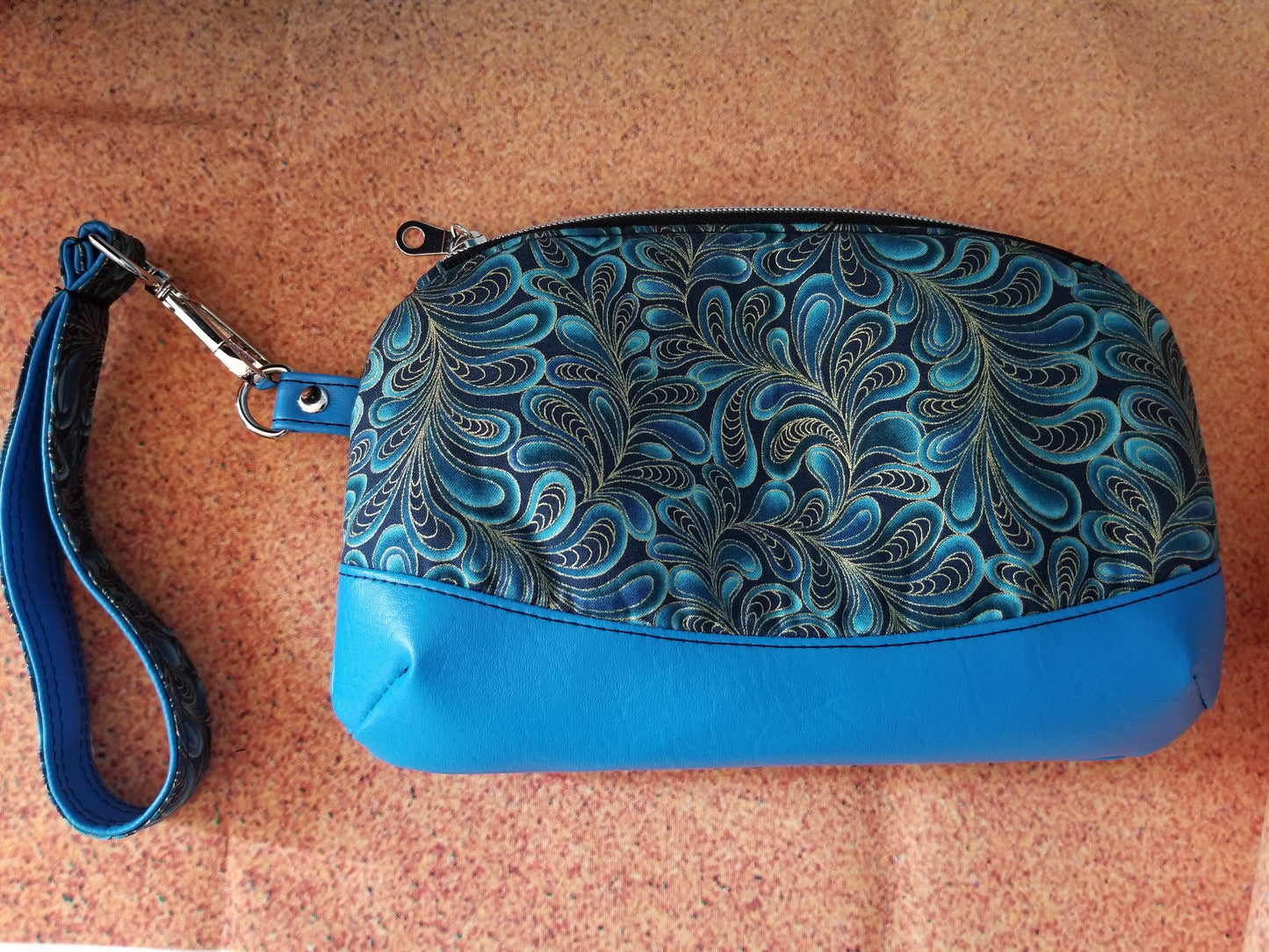 Blue and Gold Peacock Feather Print Clematis Wristlet, Vacation Clutch, Excursion Bag, Cosmetic Bag Zipper pouch w detachable wristlet strap