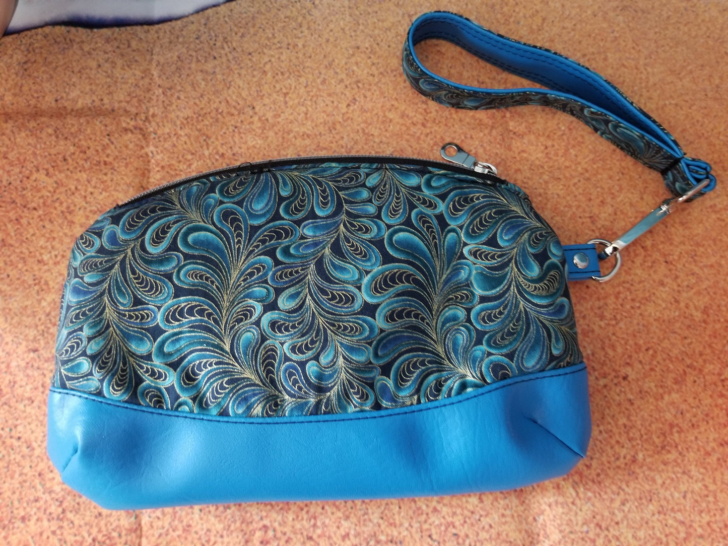 Blue and Gold Peacock Feather Print Clematis Wristlet, Vacation Clutch, Excursion Bag, Cosmetic Bag Zipper pouch w detachable wristlet strap