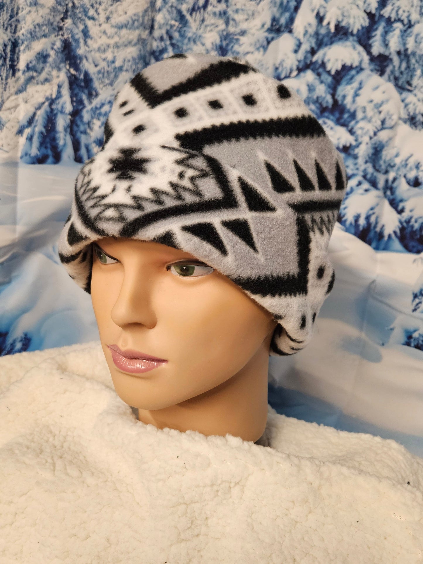 Black, Gray and White Diamonds Anti Pill Fleece Winter Hat, Pillbox Hat, Toque, Warm Winter Hat, Fleece Brim Hat, Cozy Hat