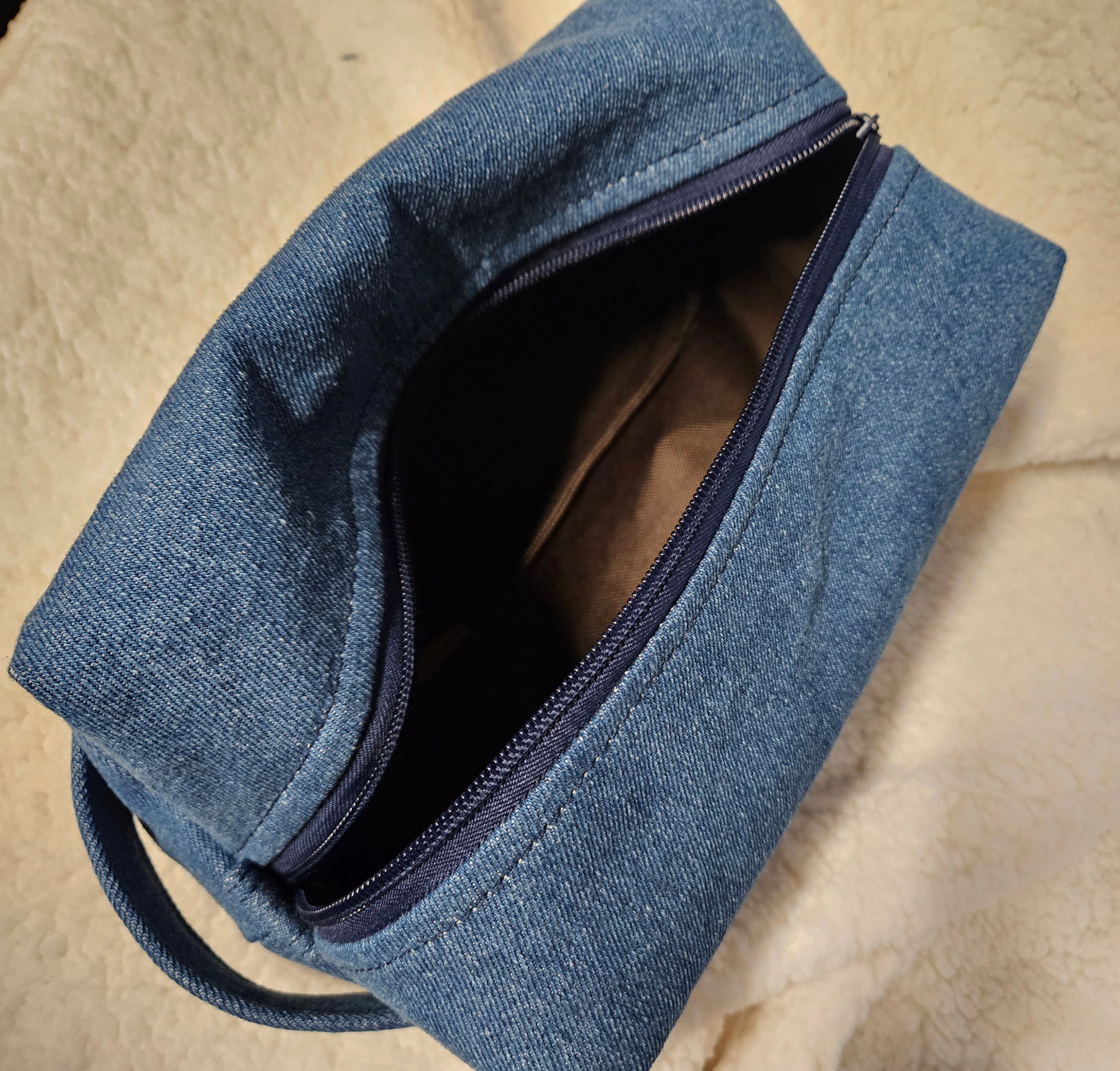 Travel Dopp Kit made in blue jean fabric and waterproof canvas with zipper tabs and handle, Cosmetics bag, toiletry pouch, pouch, dopp kit.