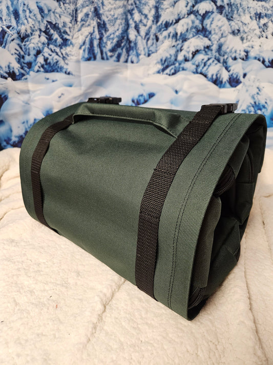 Forest Green Waterproof Canvas Roll Up Tool Bag With 4 Detachable Zippered Pouches with clear window, Tool Storage Bag with Handle
