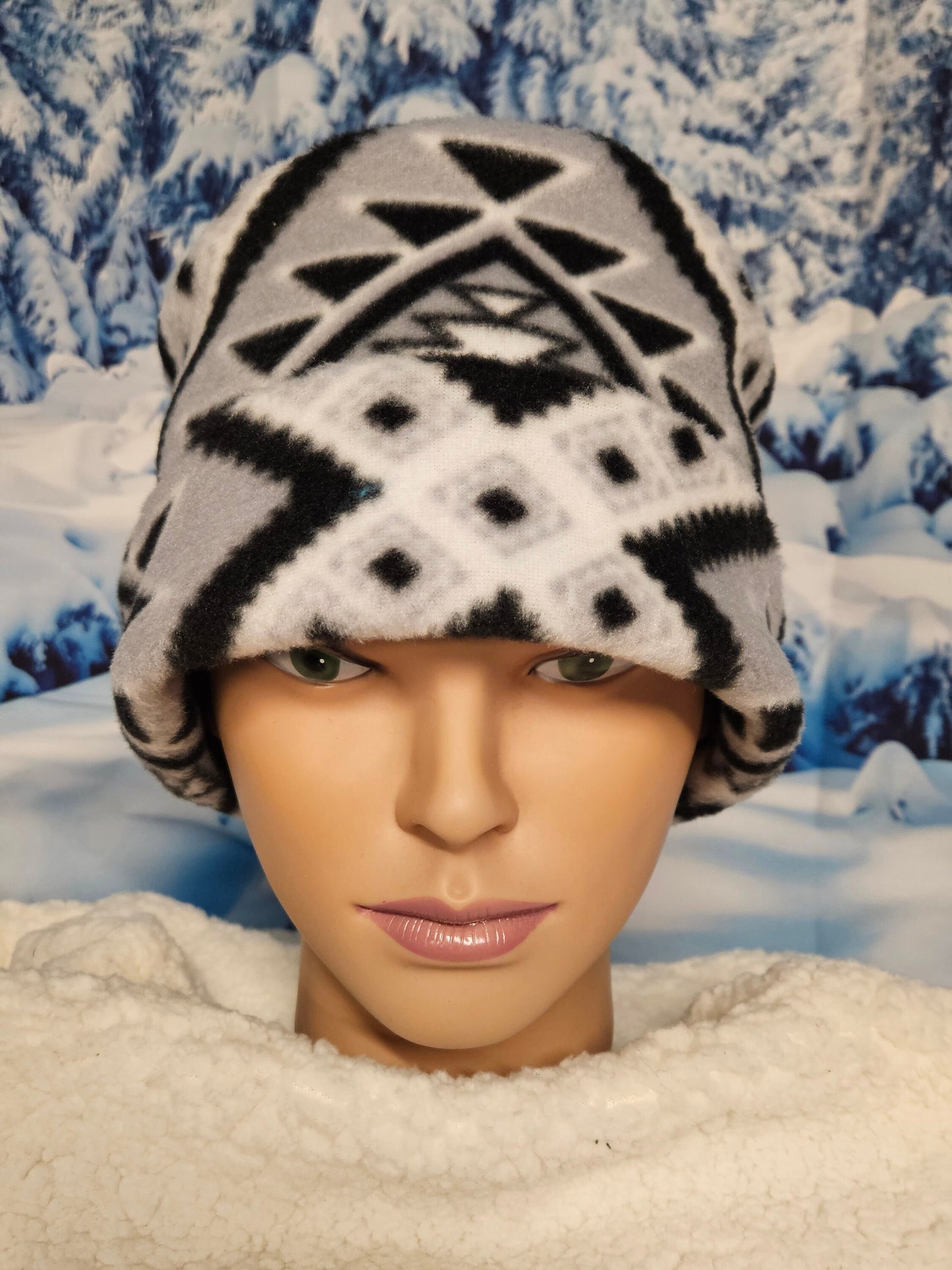 Black, Gray and White Diamonds with Black Top Anti Pill Fleece Winter Hat, Pillbox Hat, Toque, Warm Winter Hat, Fleece Brim Hat, Cozy Hat