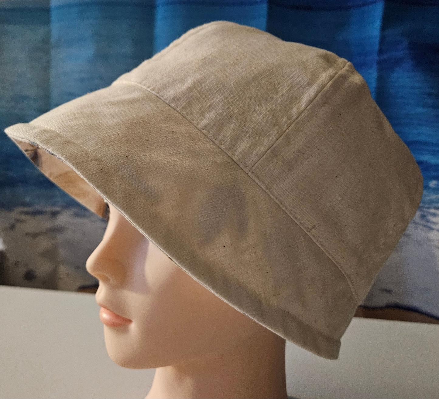 Linen Fashion Cloche with Cream Linen and Cream Dragonfly Print Lining Summer Hat