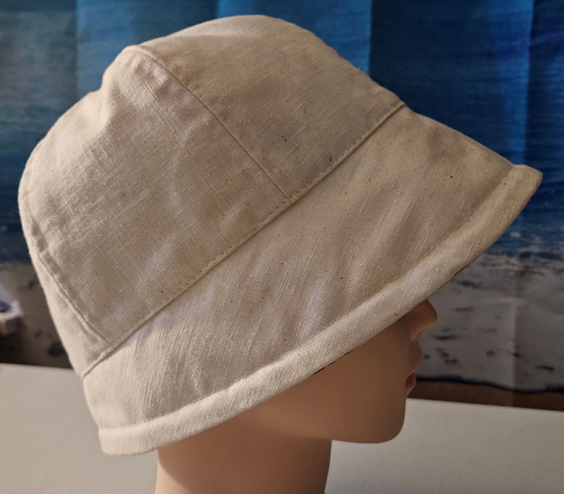 Linen Fashion Cloche with Cream Linen and Cream Dragonfly Print Lining Summer Hat