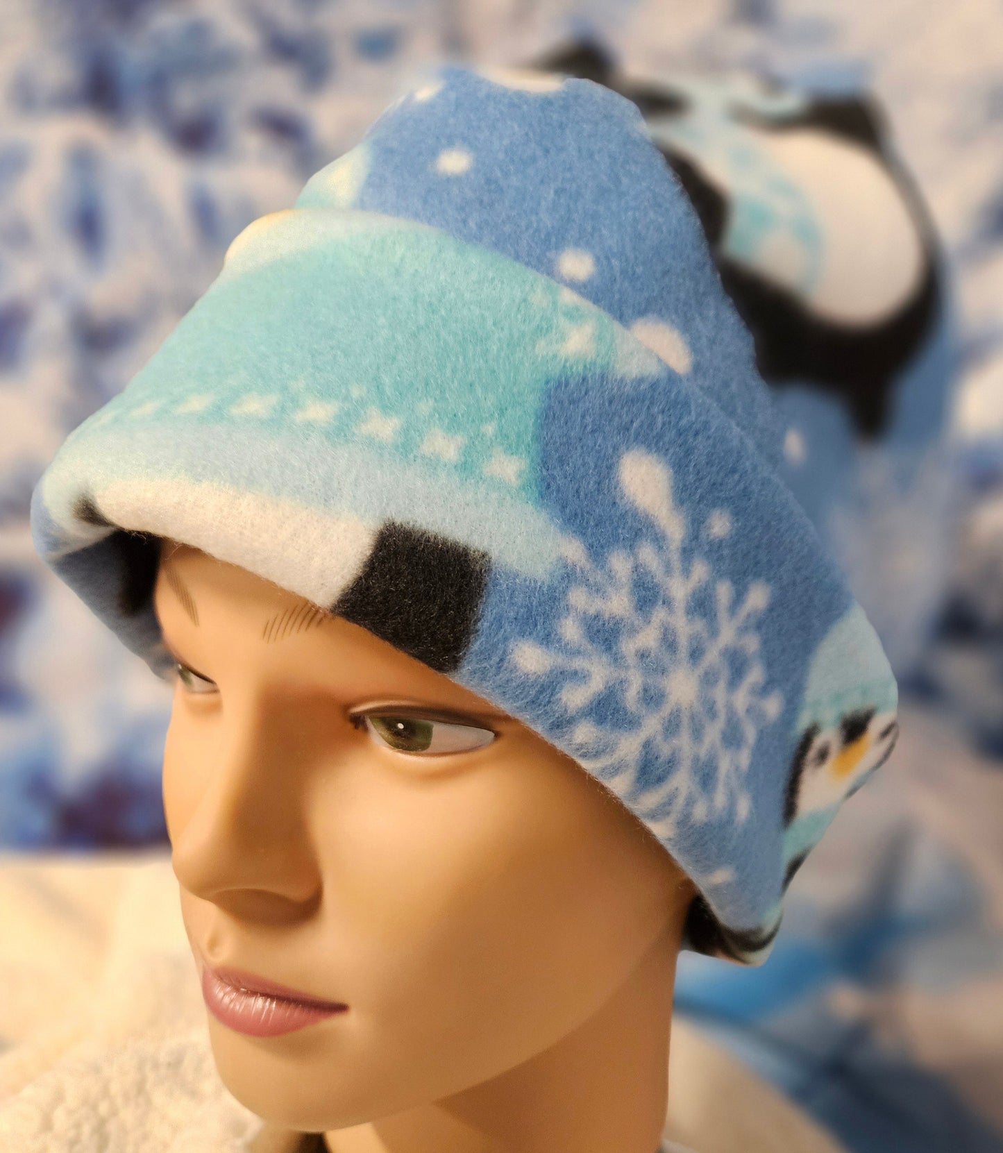 Penguin Print 4 Point Fleece Winter Hat, Retro Hat, Toque, Warm Winter Hat, Fleece Brim Hat, Cozy Fleece Hat