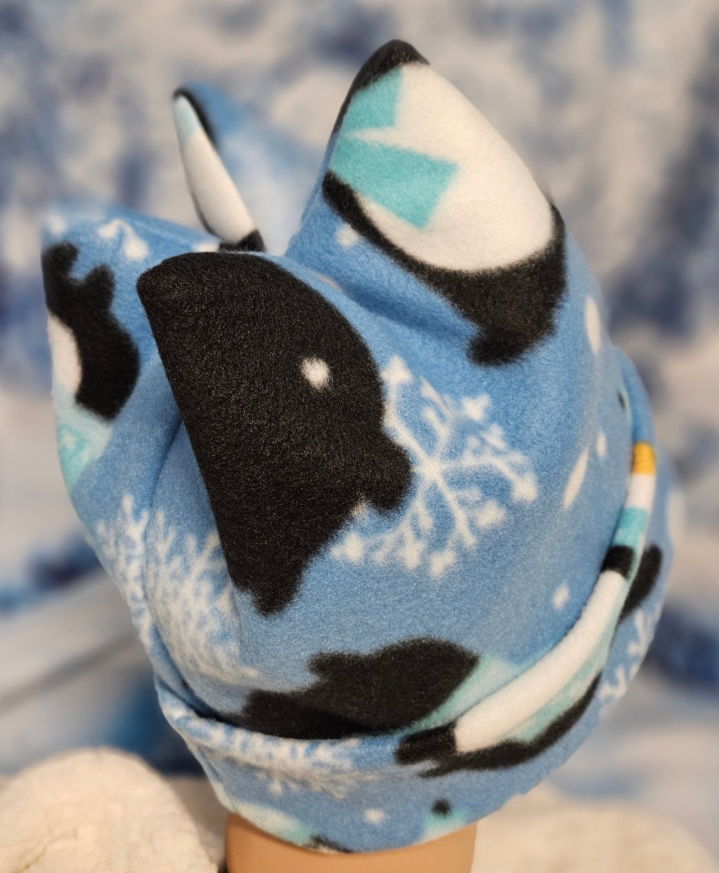 Penguin Print 4 Point Fleece Winter Hat, Retro Hat, Toque, Warm Winter Hat, Fleece Brim Hat, Cozy Fleece Hat