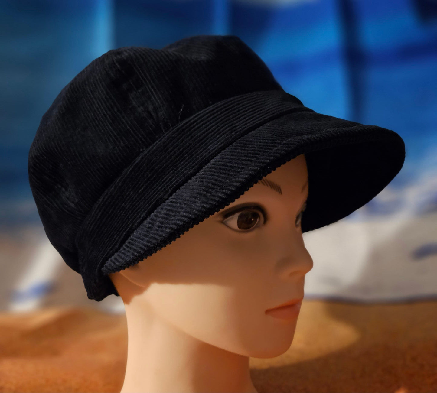 Boho Cap Navy Corduroy and print lining, Summer Hat, Fall Cap, Women’s Vintage Hat, Reversible Hat, Chemo Cover