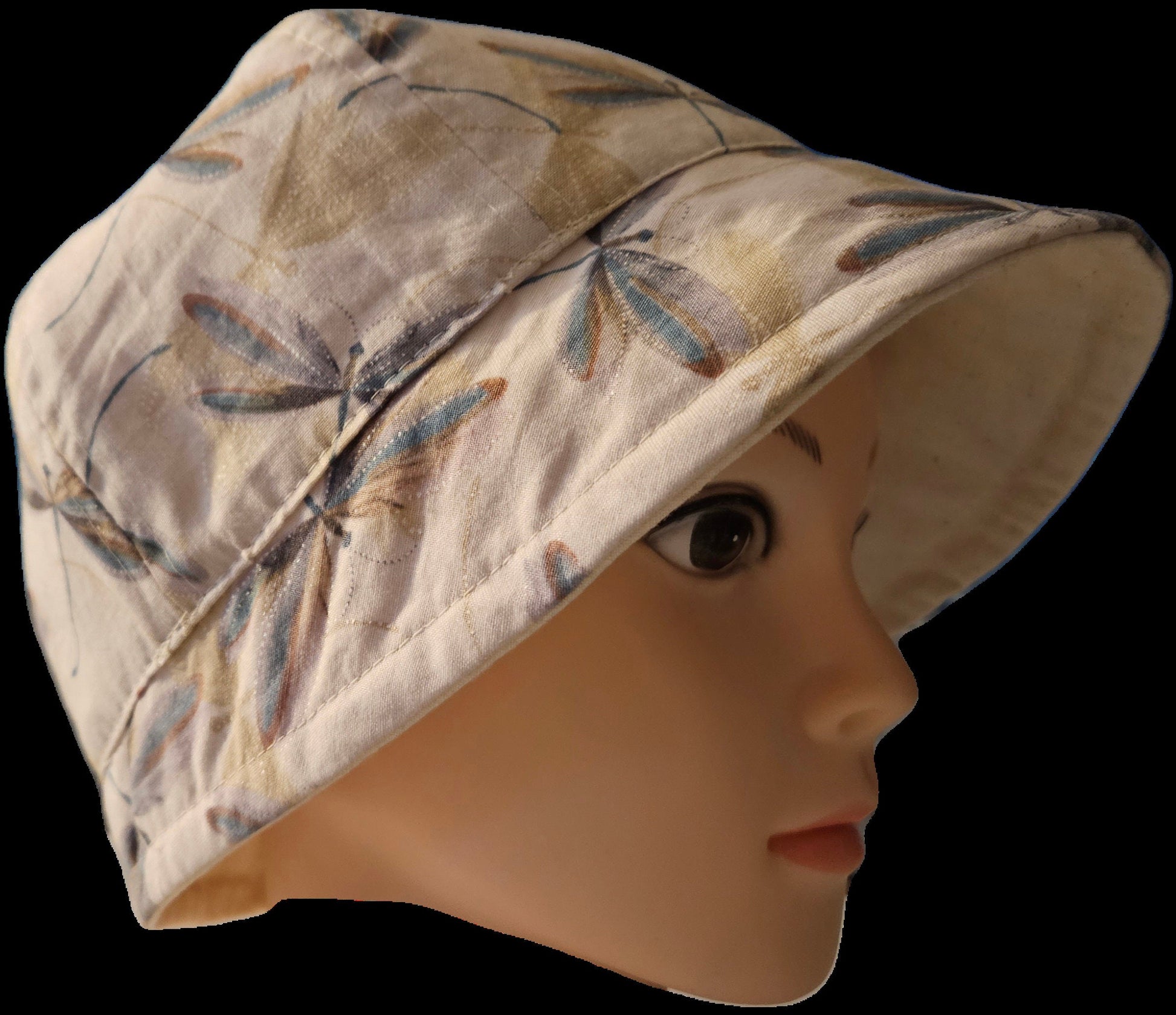 Linen Fashion Cloche with Cream Linen and Cream Dragonfly Print Lining Summer Hat