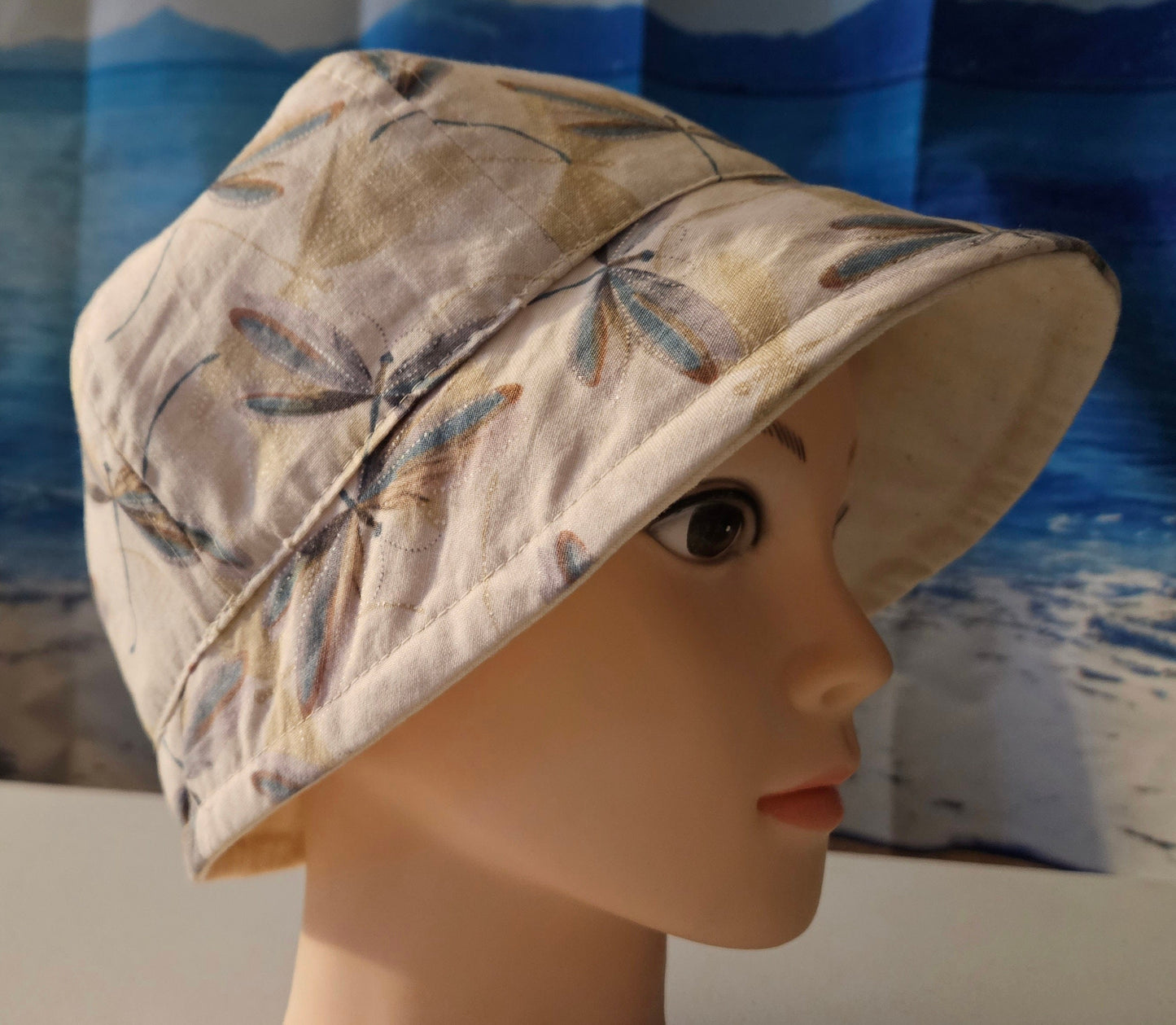 Linen Fashion Cloche with Cream Linen and Cream Dragonfly Print Lining Summer Hat