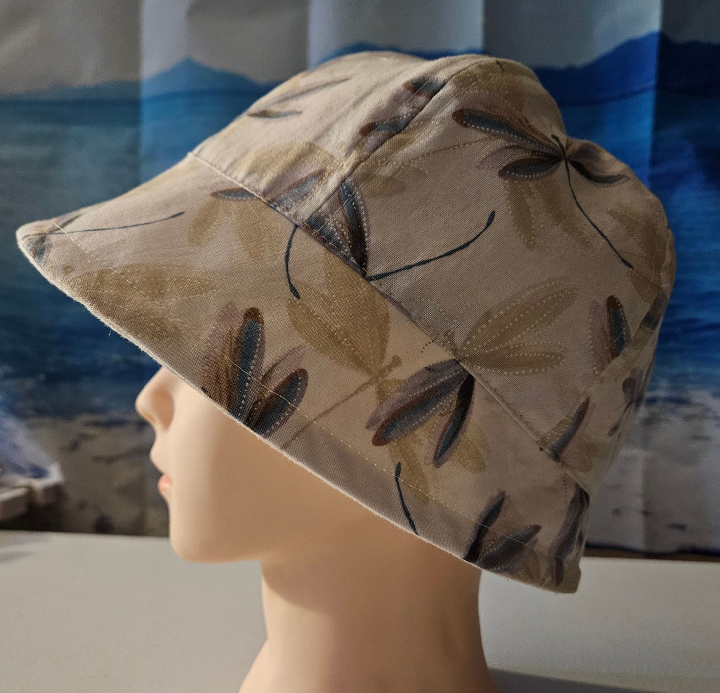 Linen Fashion Cloche with Cream Linen and Cream Dragonfly Print Lining Summer Hat