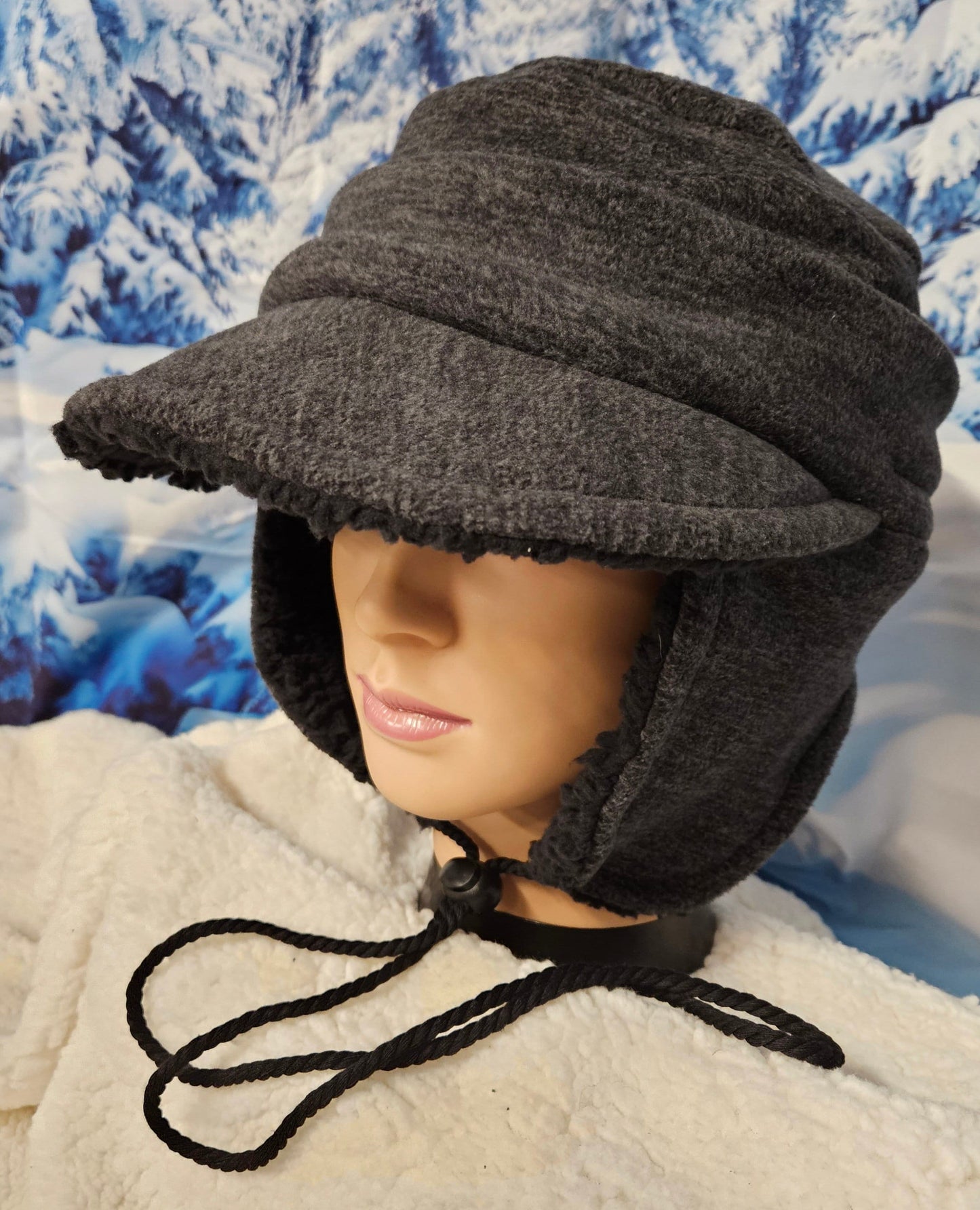 Gray Anti Pill Fleece Aviator Hat with Visor; Winter Hat; Trappers Hat; Pilot Hat; Sherpa Lined Hat; Ear Flap Hat; Visor Winter Hat