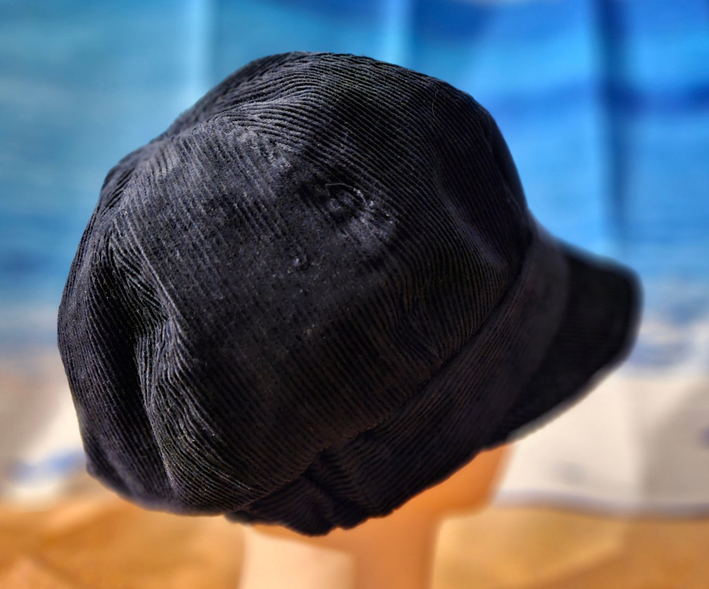 Boho Cap Navy Corduroy and print lining, Summer Hat, Fall Cap, Women’s Vintage Hat, Reversible Hat, Chemo Cover