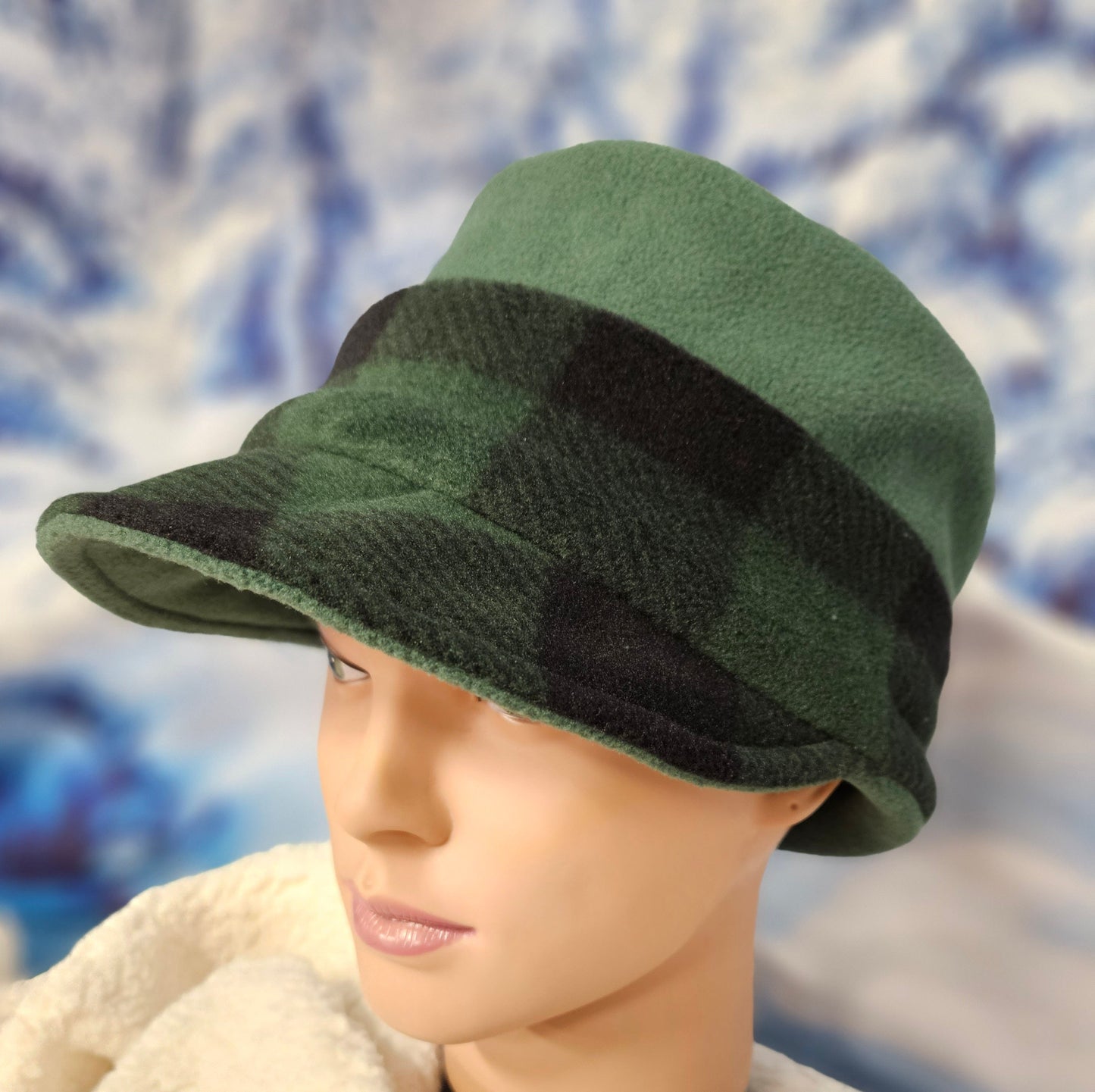 Green with Green Buffalo Check Band Fleece Winter Fashion Hat