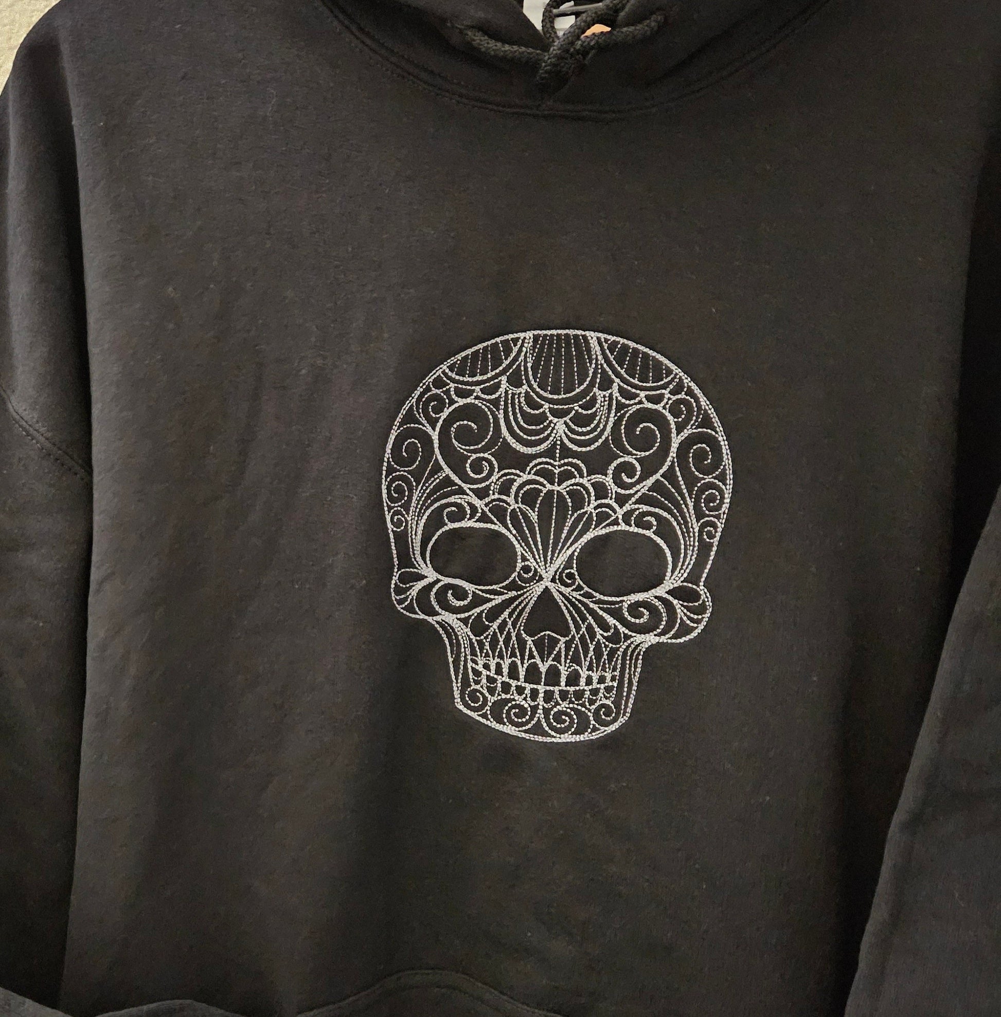 Fancy Swirl Skull Embroidered Hoodie, Halloween Hoodie, Skull Hoodie, Embroidered Swirl Skull Hoodie, Embroidered Hoodie