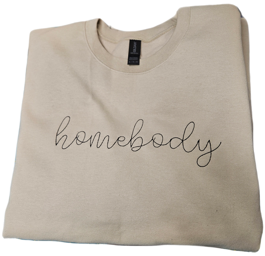 Sand Homebody Embroidered Sweatshirt with Black lettering, Cozy Homebody Crew neck Homebody Embroidered Sweatshirt, Cozy Homebody Crewneck Sweatshirt