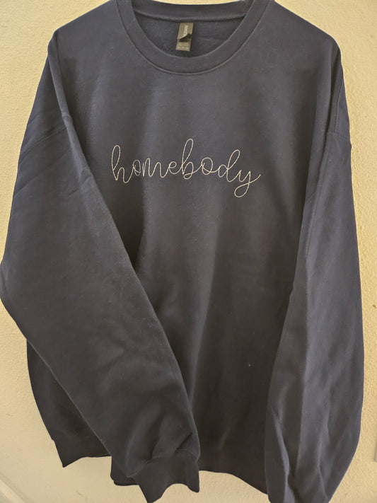Black Homebody Embroidered Sweatshirt with Silver lettering, Cozy Homebody Crewneck Sweatshirt