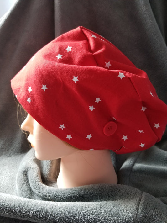 Pixie Style Scrub Cap Red Background with White Stars & Mask, Euro Style Scrub Cap