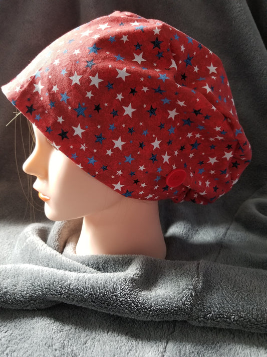 Pixie Style Scrub Cap Red Background with Blue and White Stars, Euro Style Scrub Cap