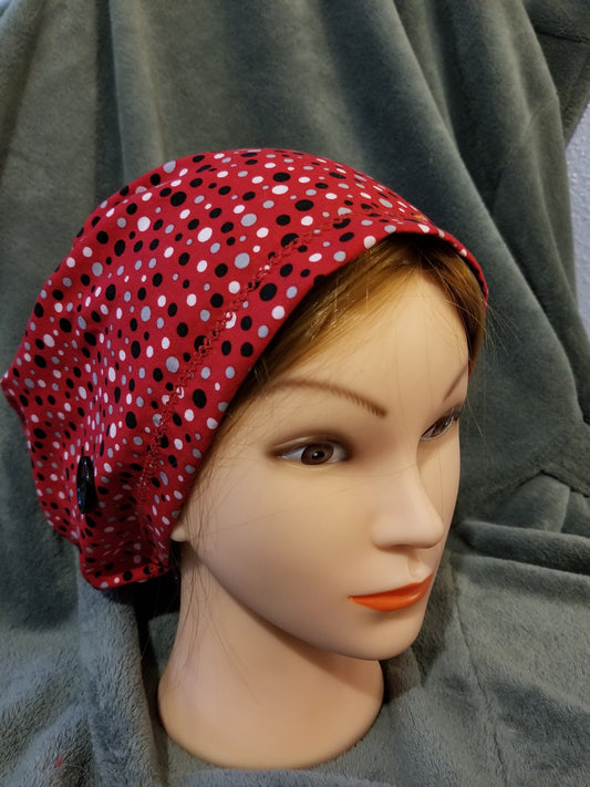 Pixie Style Red Scrub Caps with Gray, White and Black Dots