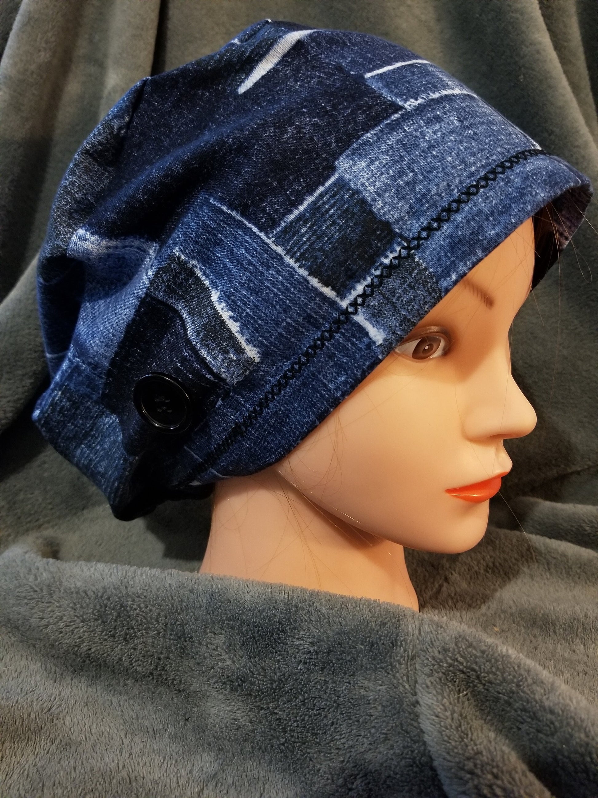 Pixie Style Scrub Cap Blue Denim Print, Euro style scrub cap