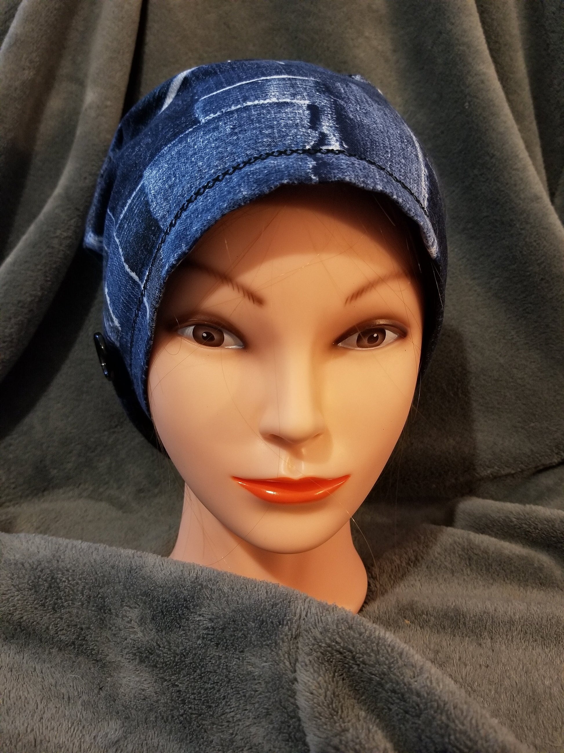 Pixie Style Scrub Cap Blue Denim Print, Euro style scrub cap