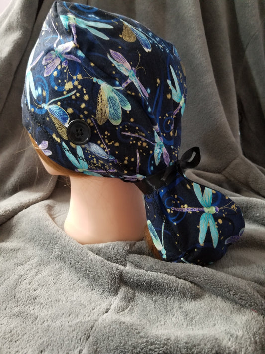 Ponytail Pouch Scrub Cap Navy Background with Dragonfly Print Normal Volume Hair Size