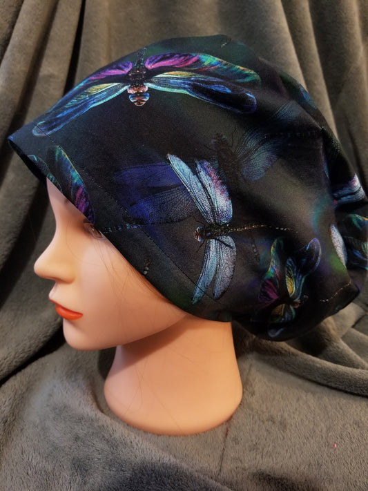 Black Background with Dragonflies Scrub Cap,  Euro style scrub cap 