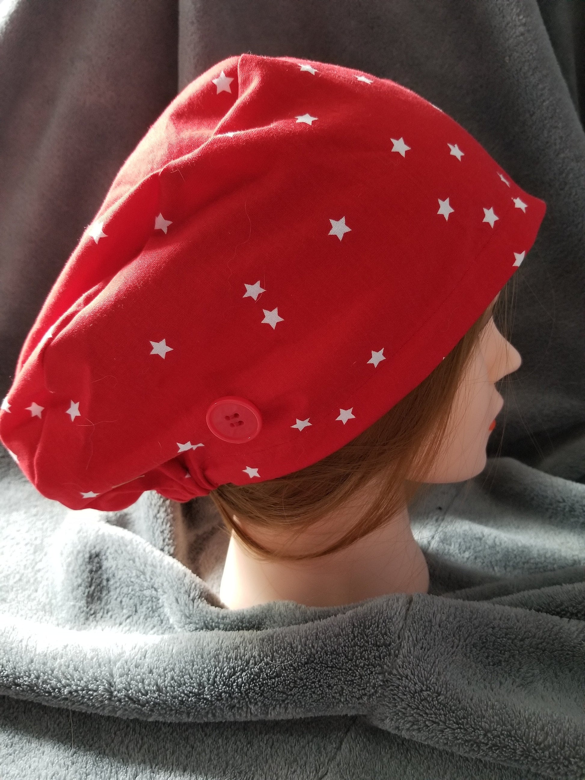 Pixie Style Scrub Cap Red Background with White Stars & Mask, Euro Style Scrub Cap