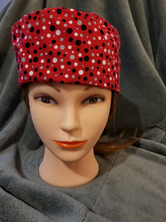 Red Scrub Cap with Gray, White and Black Dots with hook and loop fasteners