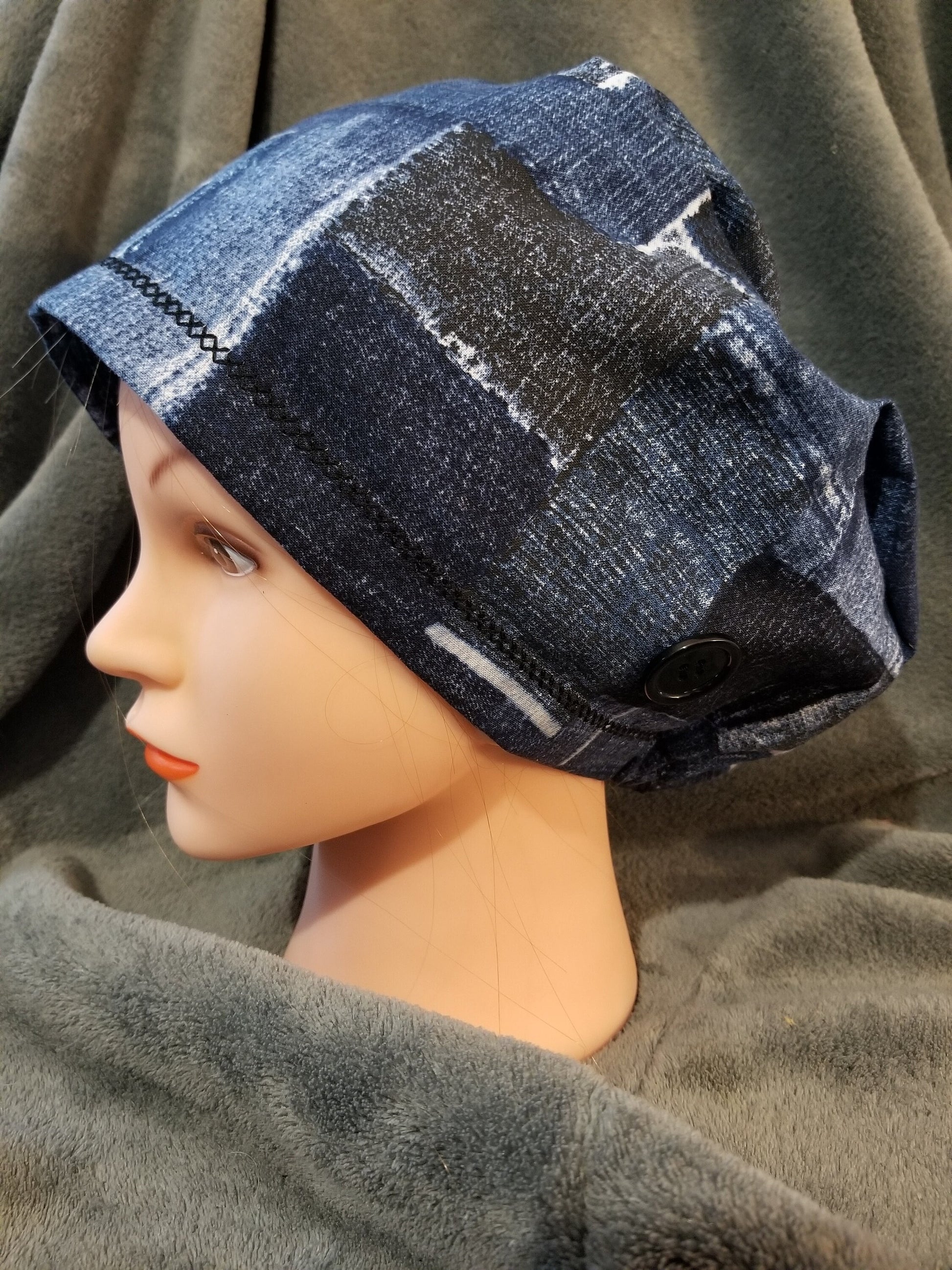 Pixie Style Scrub Cap Blue Denim Print, Euro style scrub cap