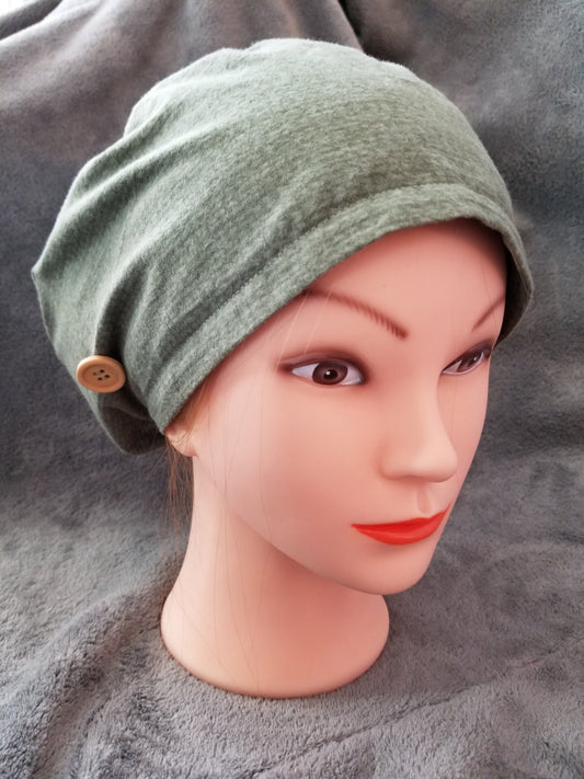 Green Knit Print Flannel Pixie Scrub Cap, Euro style scrub cap