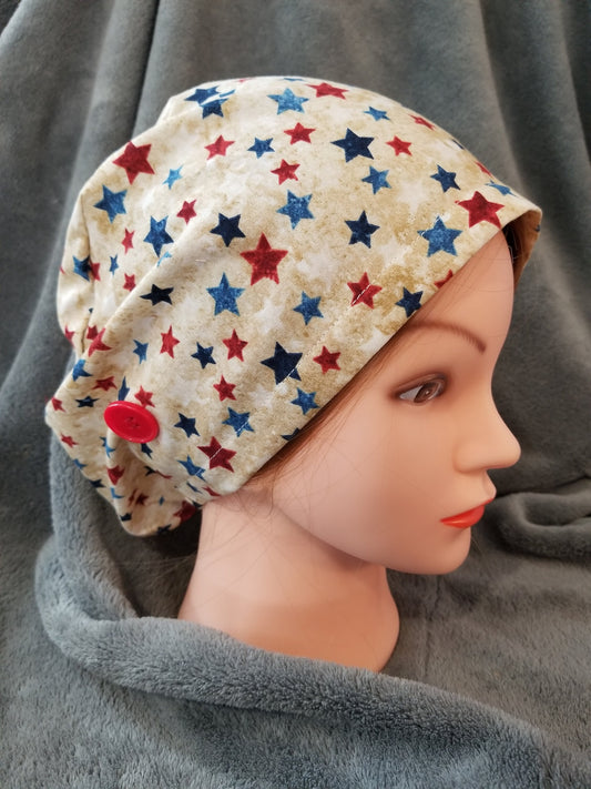 Pixie Style Scrub Cap Beige Background with Red White and Blue Stars, Euro Style Scrub Cap