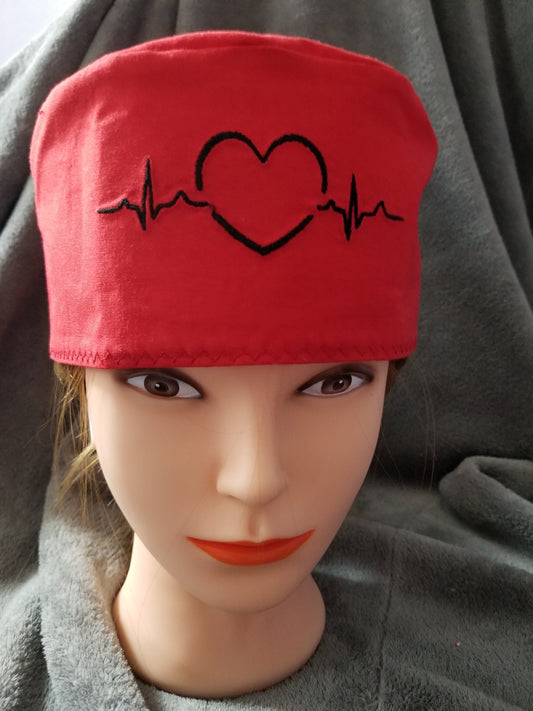 Red EKG Heart Embroidered Scrub Cap with hook and loop fasteners