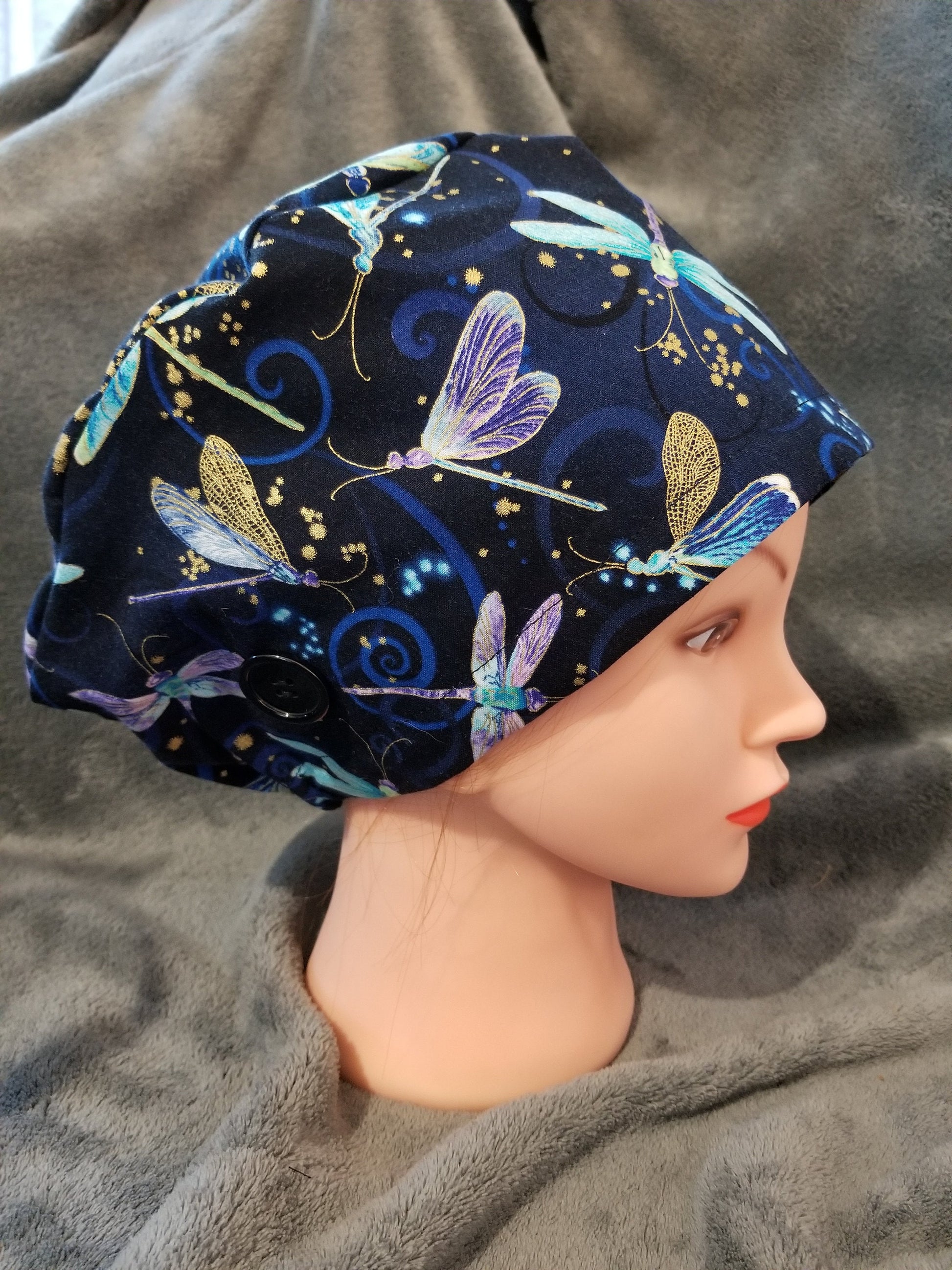 Pixie Style Scrub Cap Blue Background with Dragonfly Print, Euro Style Scrub Cap