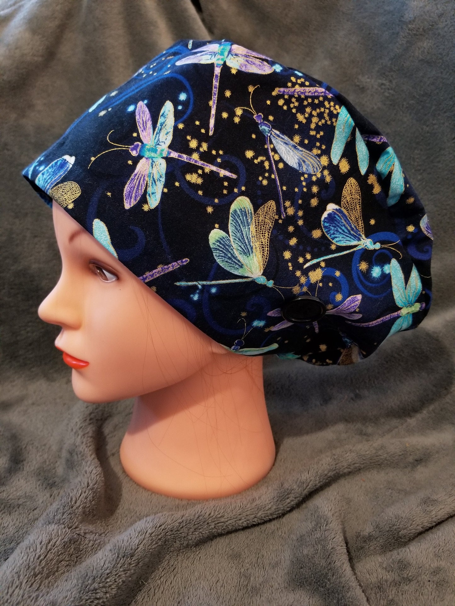 Pixie Style Scrub Cap Blue Background with Dragonfly Print, Euro Style Scrub Cap