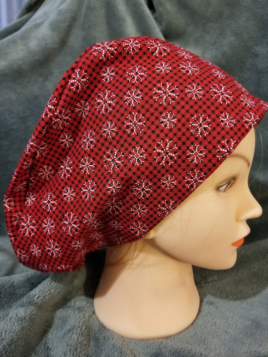 Red and Black Small Checks with White Snowflakes Pixie Style Christmas Scrub Caps, Euro style scrub cap
