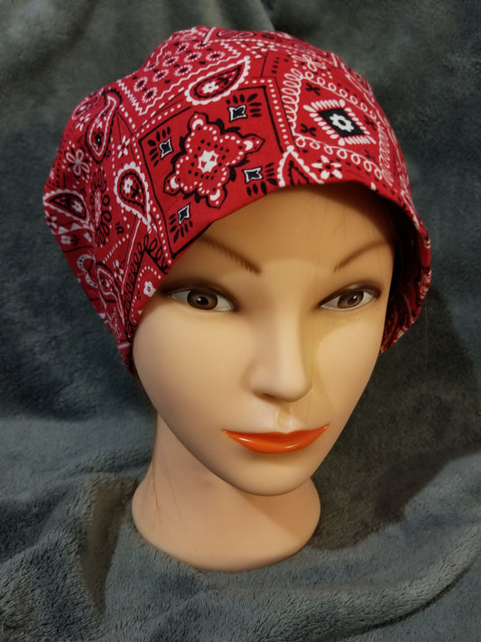 Red Bandana with White and Black Accents Pixie Style Scrub Cap, Euro style scrub cap