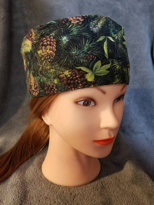 Green Print with Pinecones Scrub Cap with hook and loop fasteners