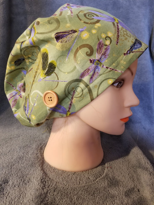 Pixie Style Scrub Cap Green Background with Dragonflies, Euro Style Scrub Cap