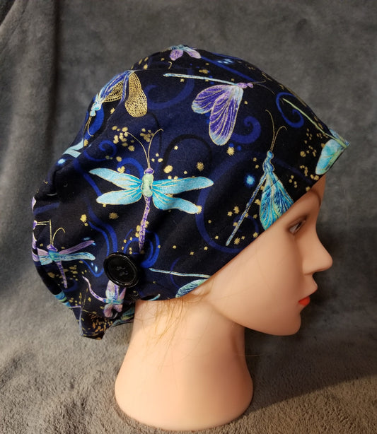 Pixie Style Scrub Cap Blue Background with Dragonfly Print, Euro Style Scrub Cap