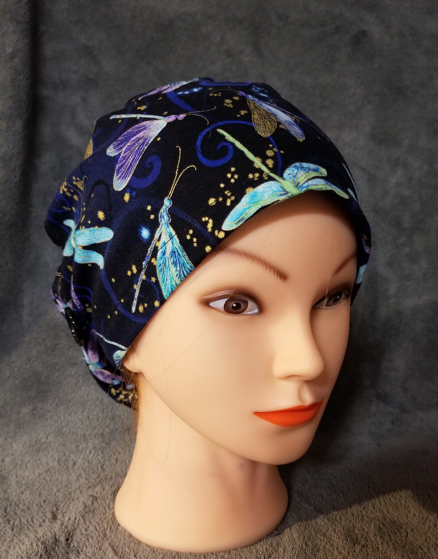 Pixie Style Scrub Cap Blue Background with Dragonfly Print, Euro Style Scrub Cap