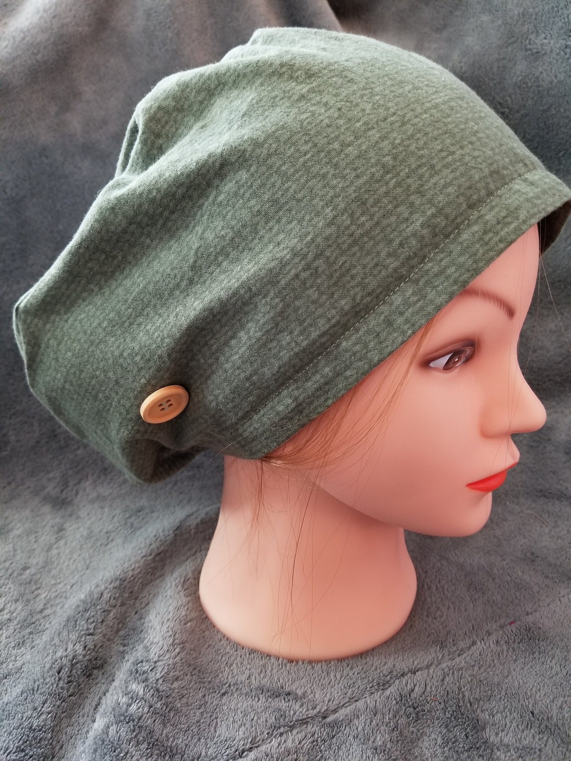 Green Knit Print Flannel Pixie Scrub Cap, Euro style scrub cap
