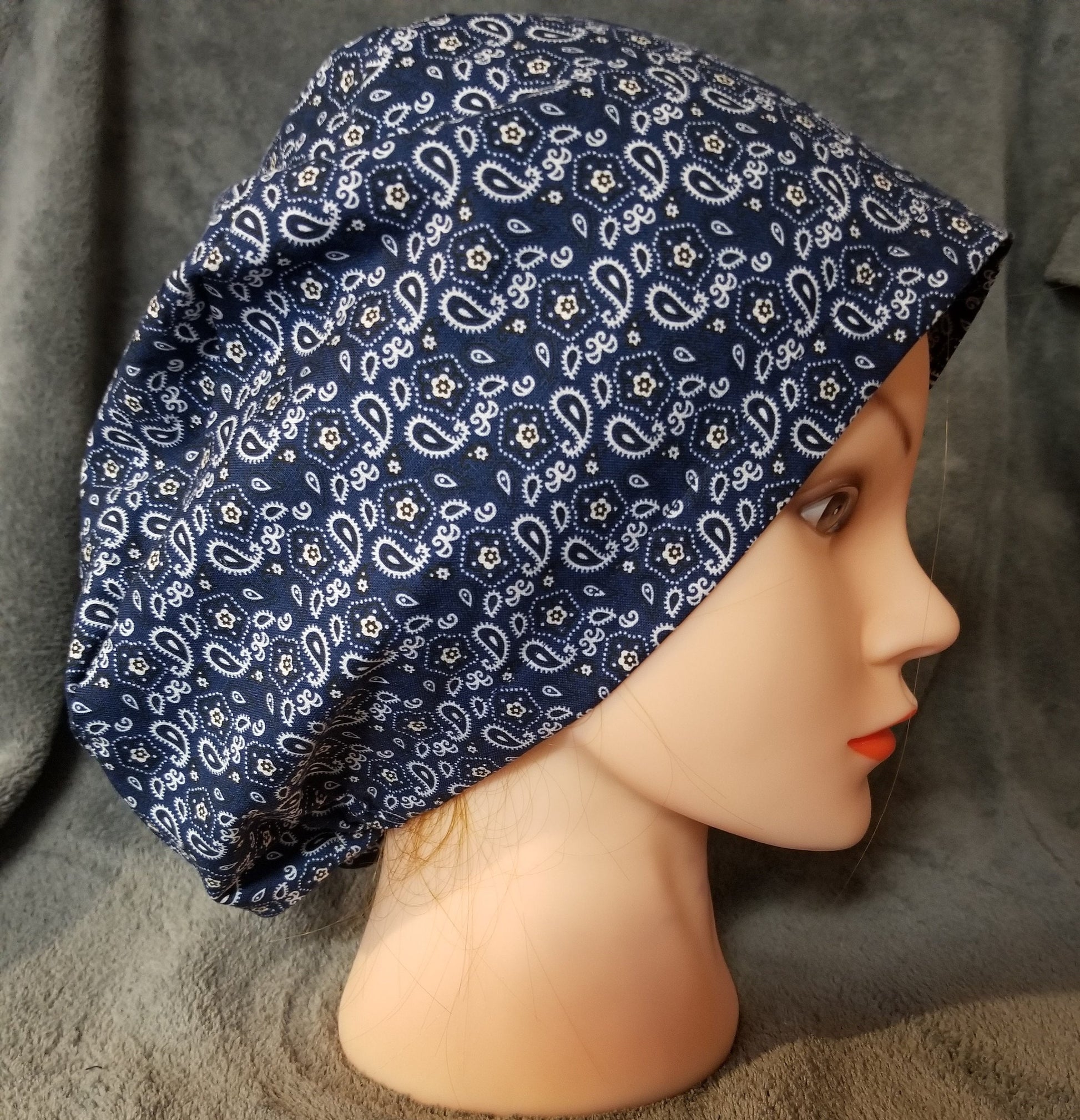 Blue Bandana with White and Black Accents Pixie Style Scrub Caps, Euro style scrub cap