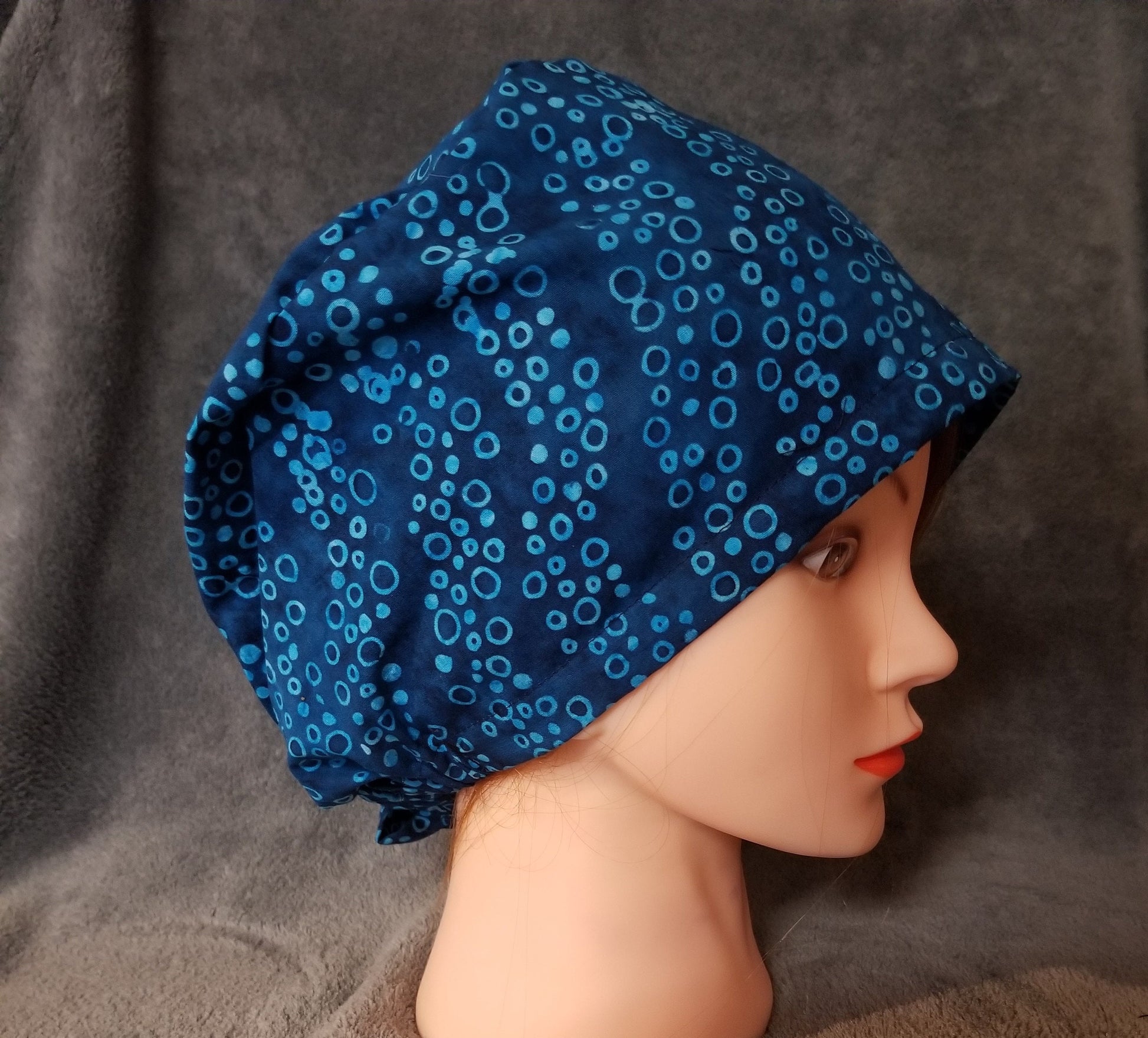 Blue Batik Print with Bubbles Pixie Style Scrub Cap, Euro style scrub cap