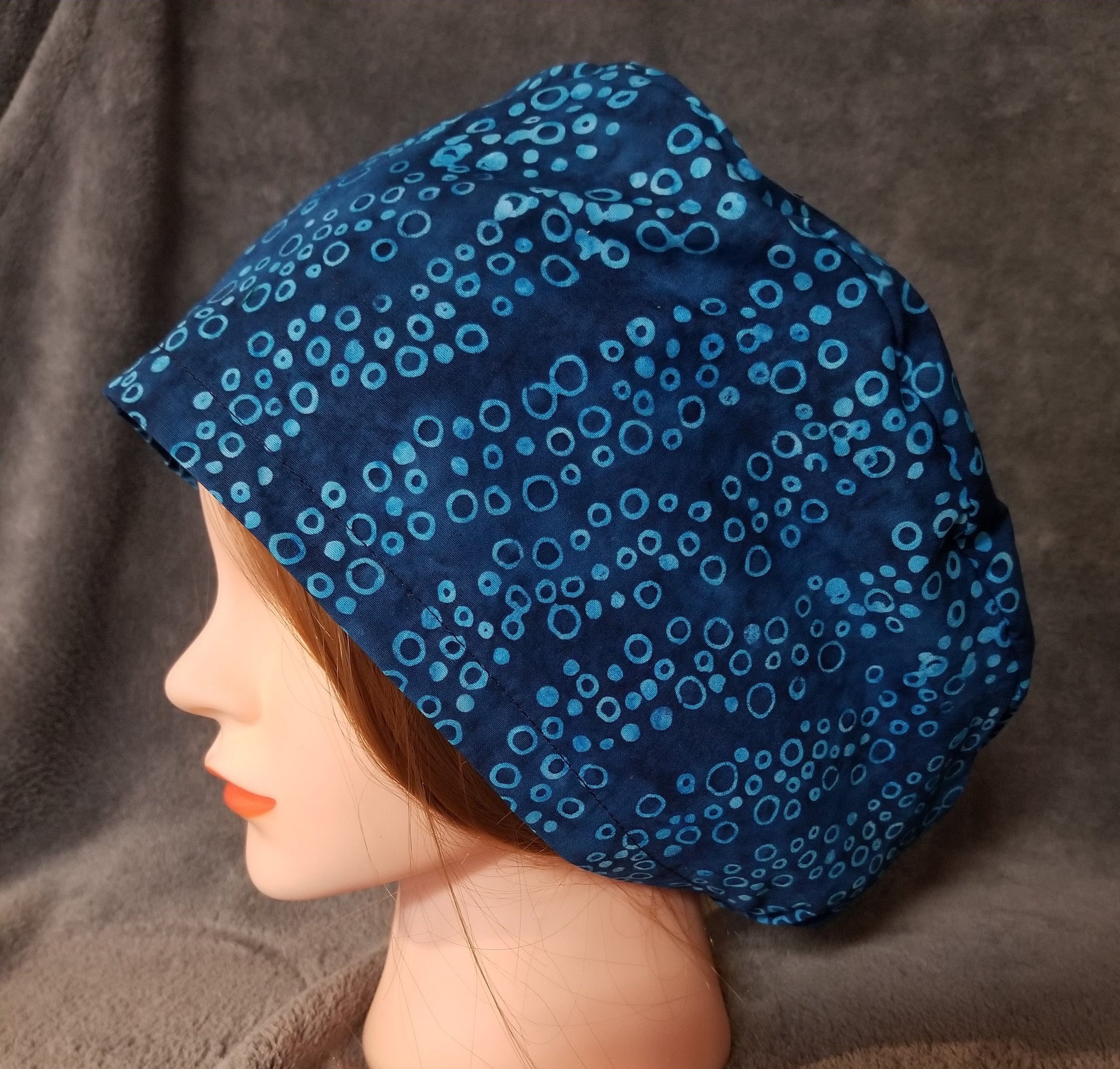 Blue Batik Print with Bubbles Pixie Style Scrub Cap, Euro style scrub cap