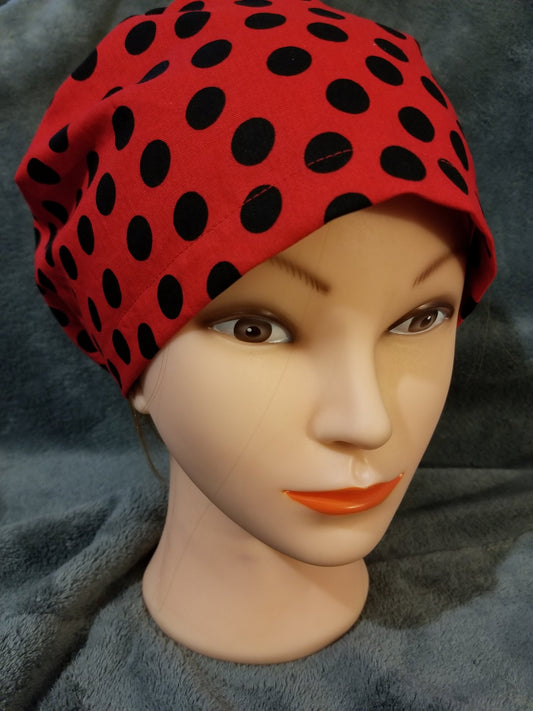 Red Background with Black Dots Pixie Style Scrub Cap, Euro style scrub cap