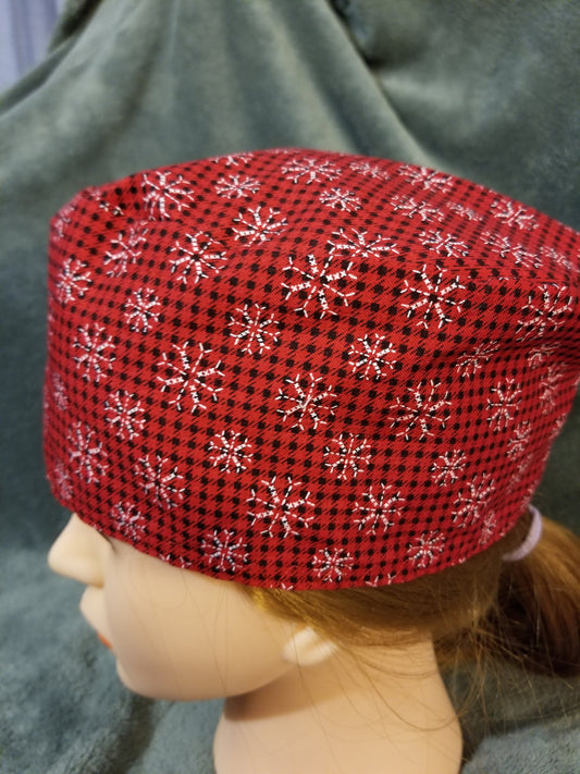 Red and Black Check with White Snowflakes Christmas Print Scrub Cap with hook and loop fasteners