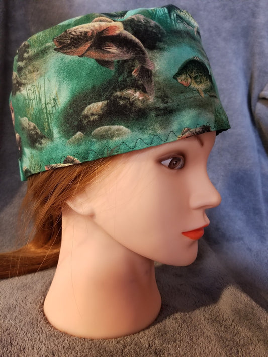 Green with Fish Print Scrub Cap with hook and loop fasteners