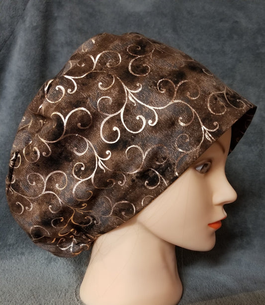Brown Background with Copper Swirls Pixie Style Scrub Cap, Euro style scrub cap