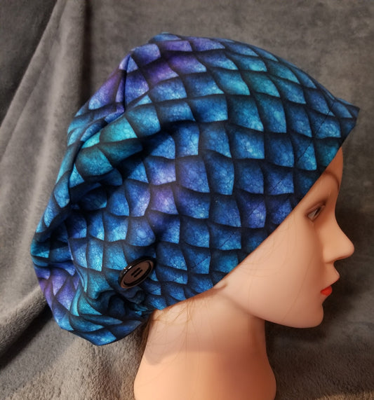Blue Dragon Scales Print Pixie Style Scrub Cap, Euro style scrub cap